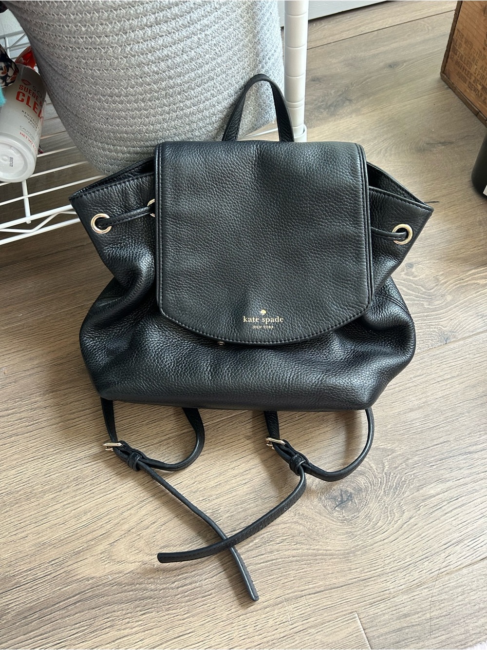 kate spade Black Pebbled Leather Drawstring Backpack with Gold Hardware
